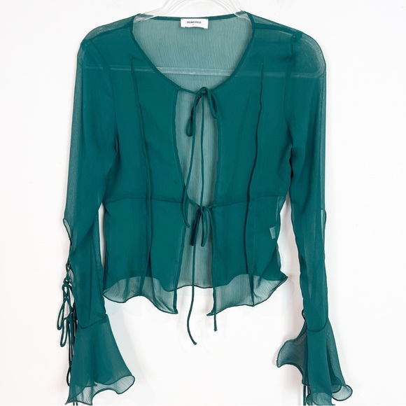 RUMORED EAST END TOP GREEN SHEER LONG BELL SLEEVE BLOUSE WITH TIES WOMENS SZ XS - Picture 1 of 5